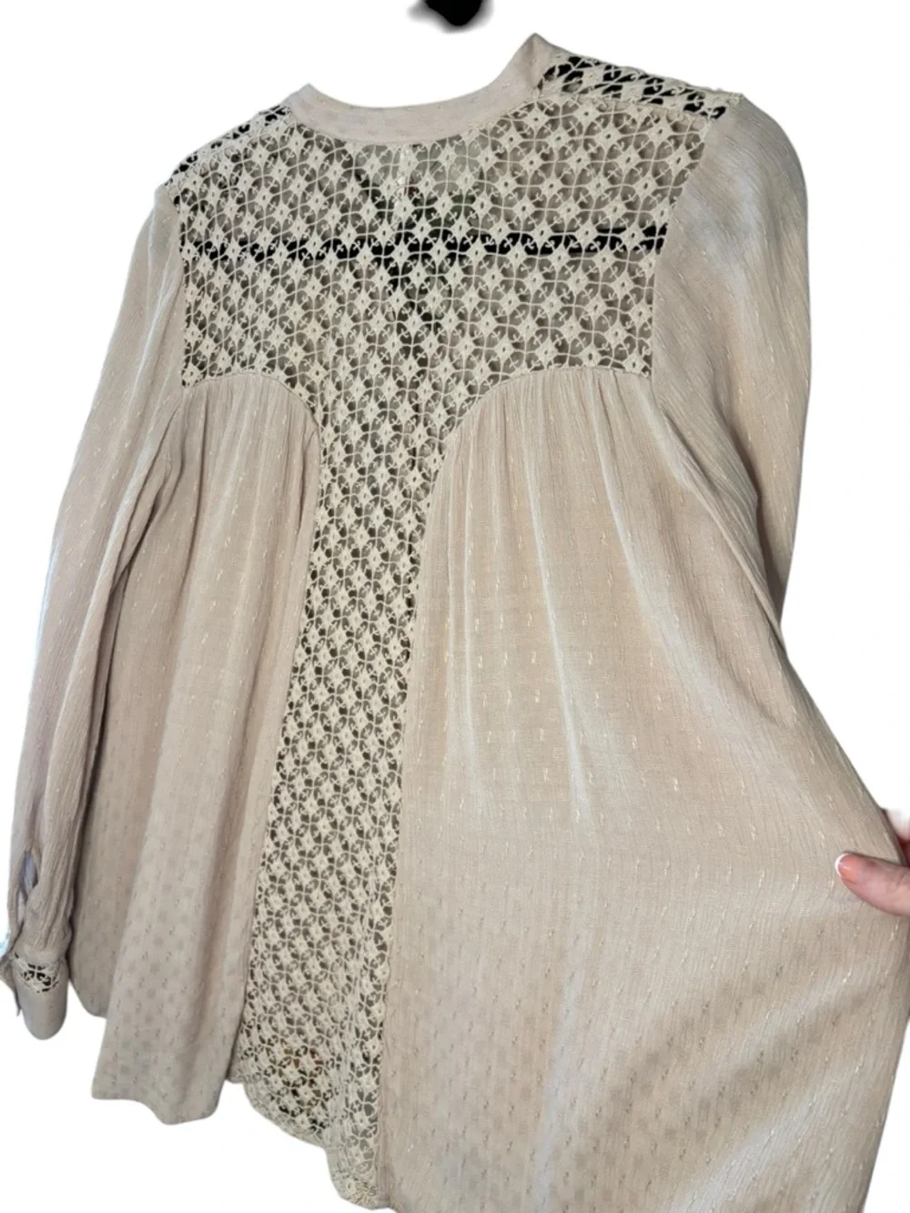 Free People Lace Back Boho Blouse XS Cream Button Front Sheer Long Sleeve - Picture 5 of 9